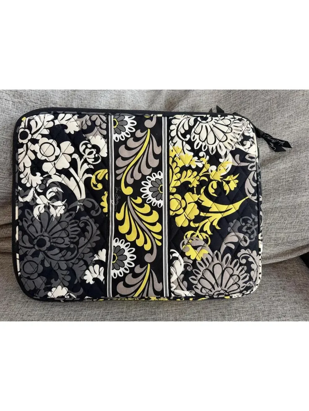 Vera Bradley Quilted Laptop Sleeve In Baroque Pattern Black Yellow Zip